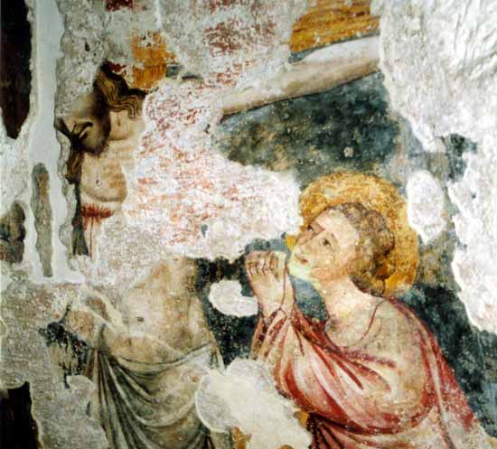 Crocifissione (particolare) sulla parete sinistra della chiesa rupestre 'Madonna dell'Altomare'