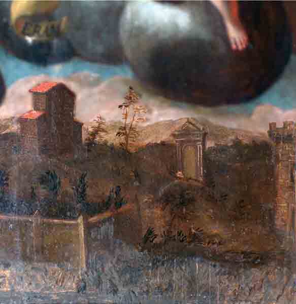 particolare della tela dell'Immacolata che rappresenta l'edicola presso le mura della città