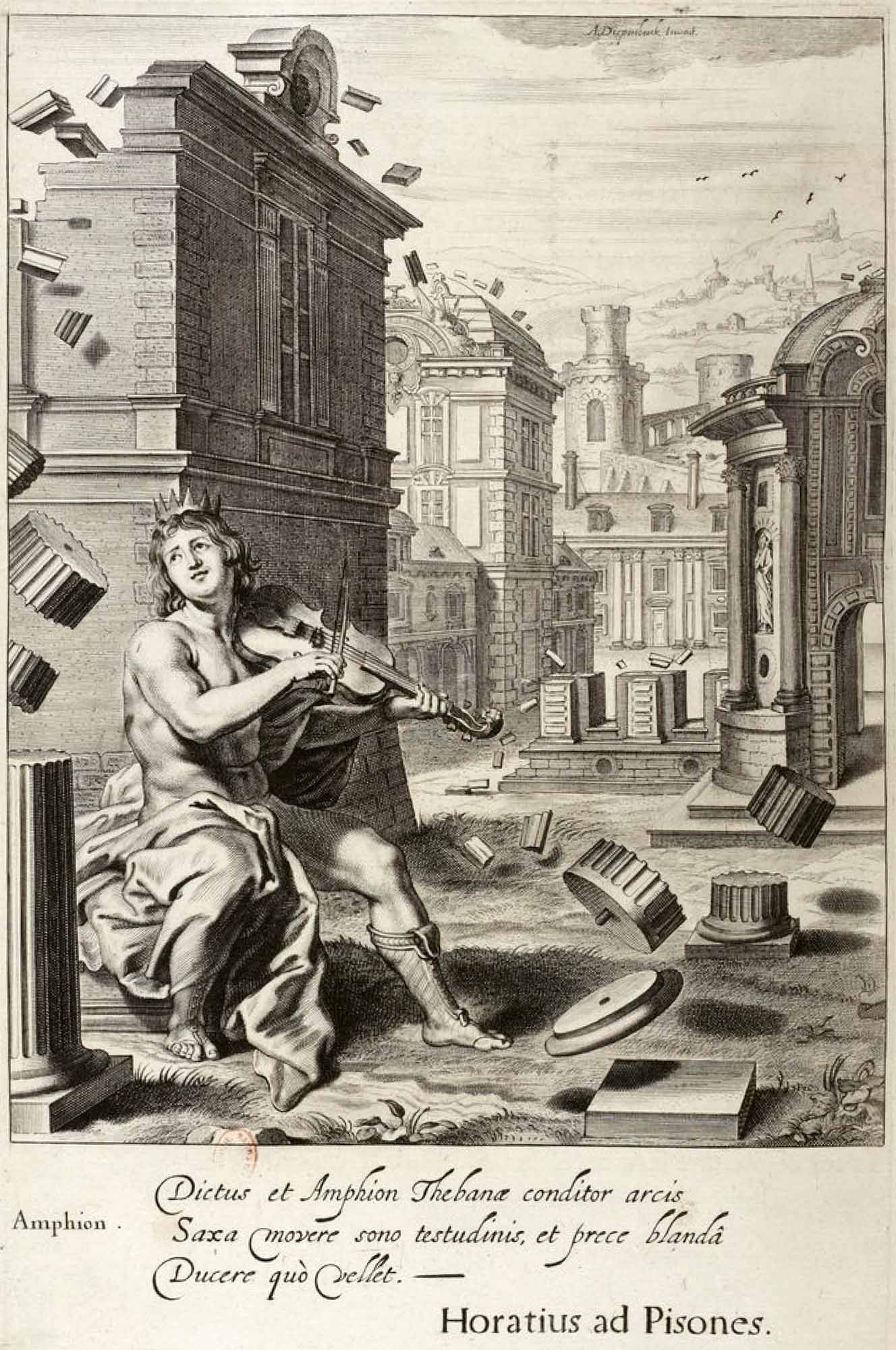 Anfione costruisce Tebe suonando la lira - stampa del 1655, Museo di Capodimonte
