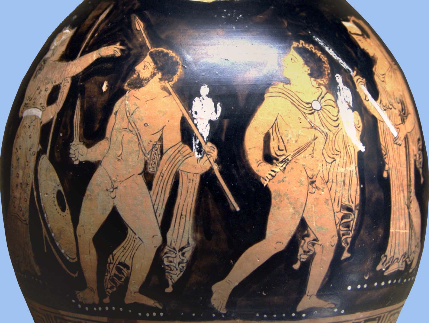 Odisseo e Diomede rubano il Palladio in Ilio: part. di oinochoe apula (Museo del Louvre)