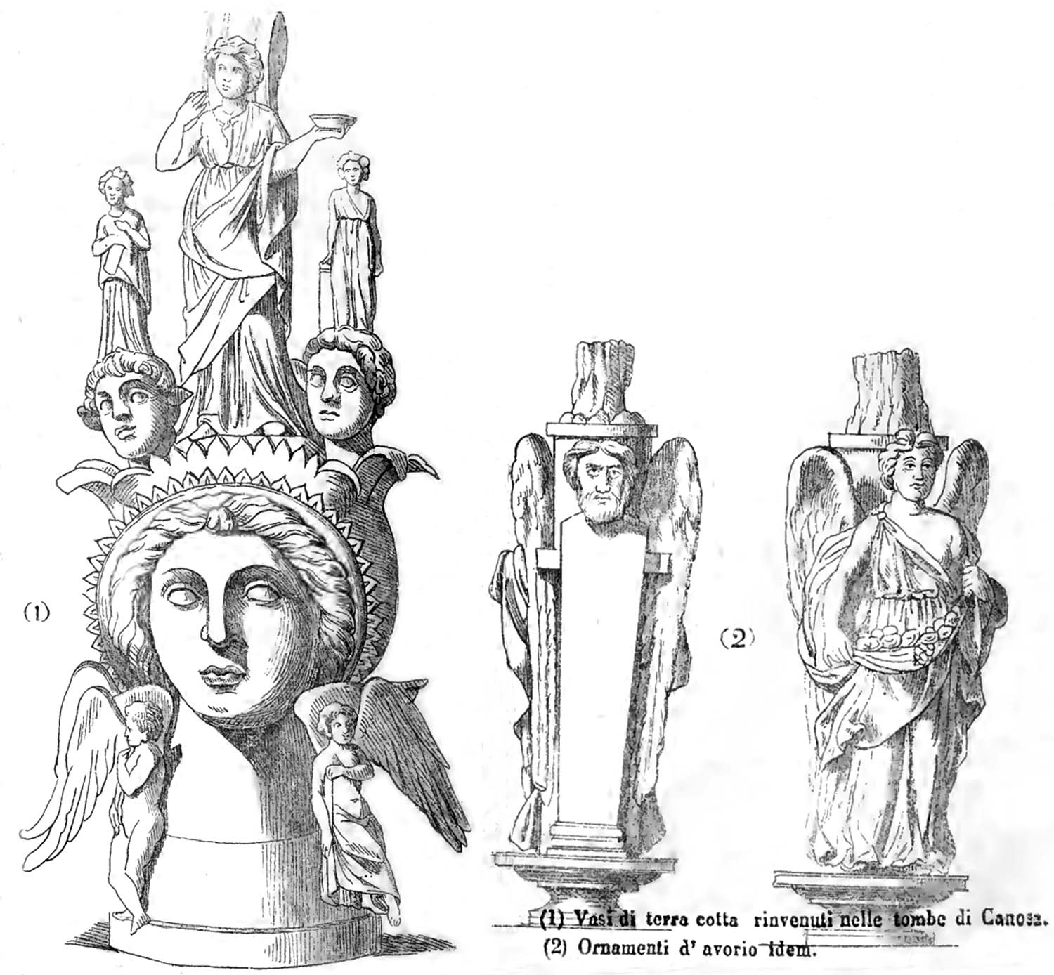 Vasi di terracotta rinvenuti nelle tombe di Canosa e ornamenti di avorio.