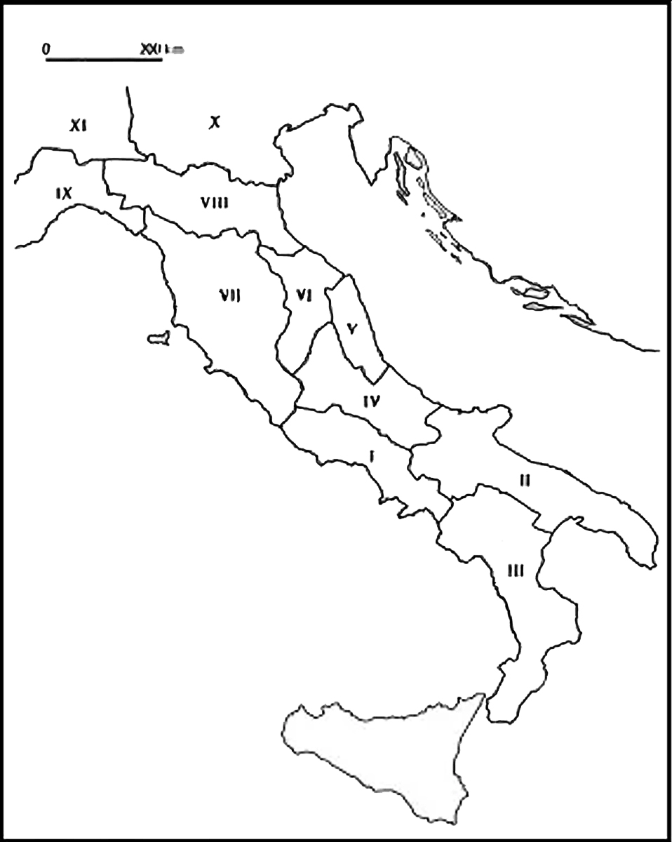 Le  <em>regiones</em> dell’Italia istituite da Augusto [e così individuate da Plinio].