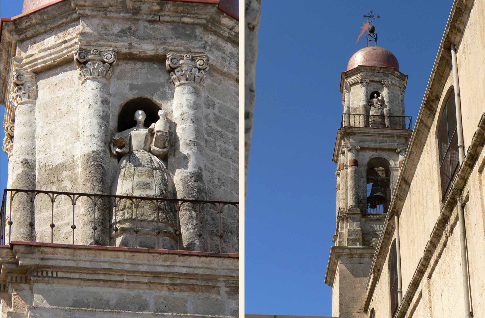 Il campanile osservato dalla facciata e particolare del 3° registro con Madonna