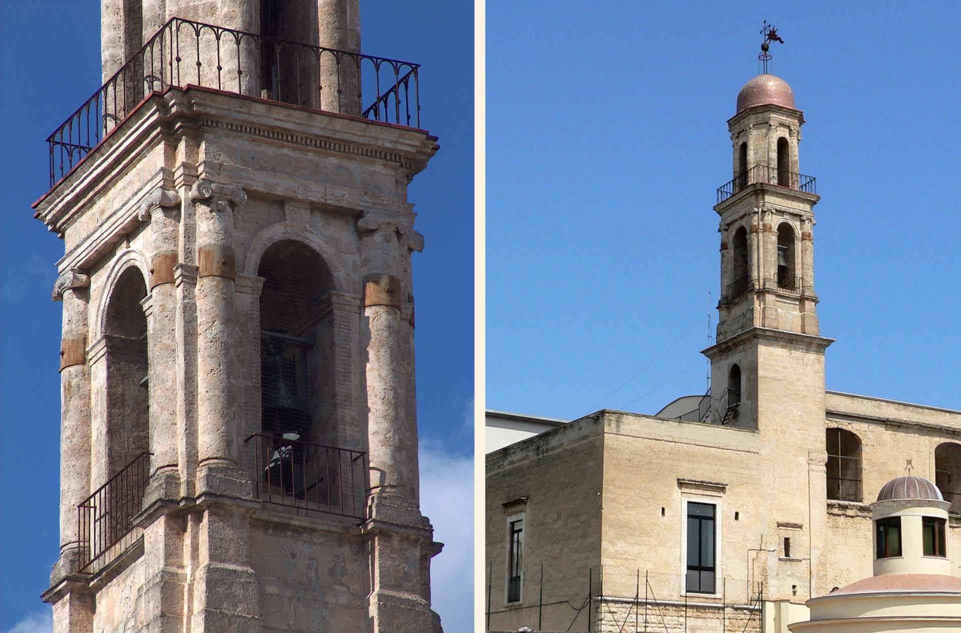 il campanile visto dal retro e particolare del 2° registro con le campane