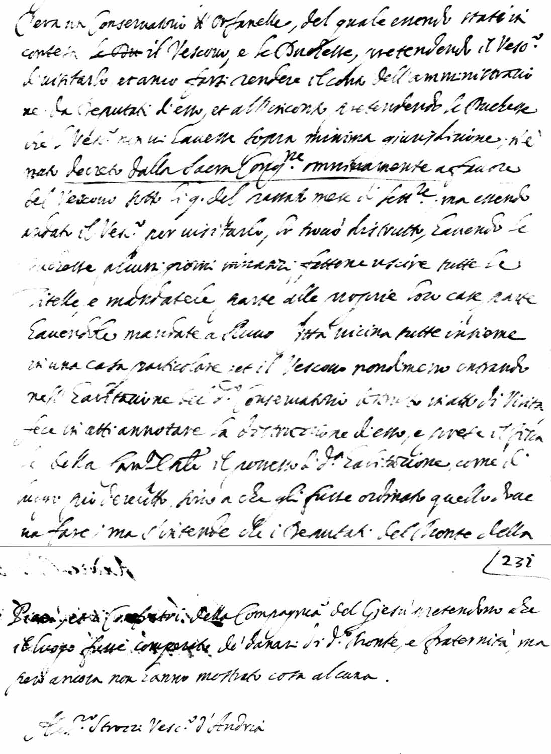 stralcio della relazione del vescovo A. Strozzi del 1628 sul Conservatorio