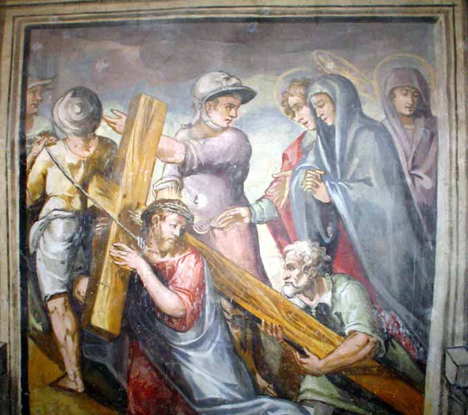 Gesù salendo il Calvario incontra le Pie Donne e viene aiutato dal Cireneo