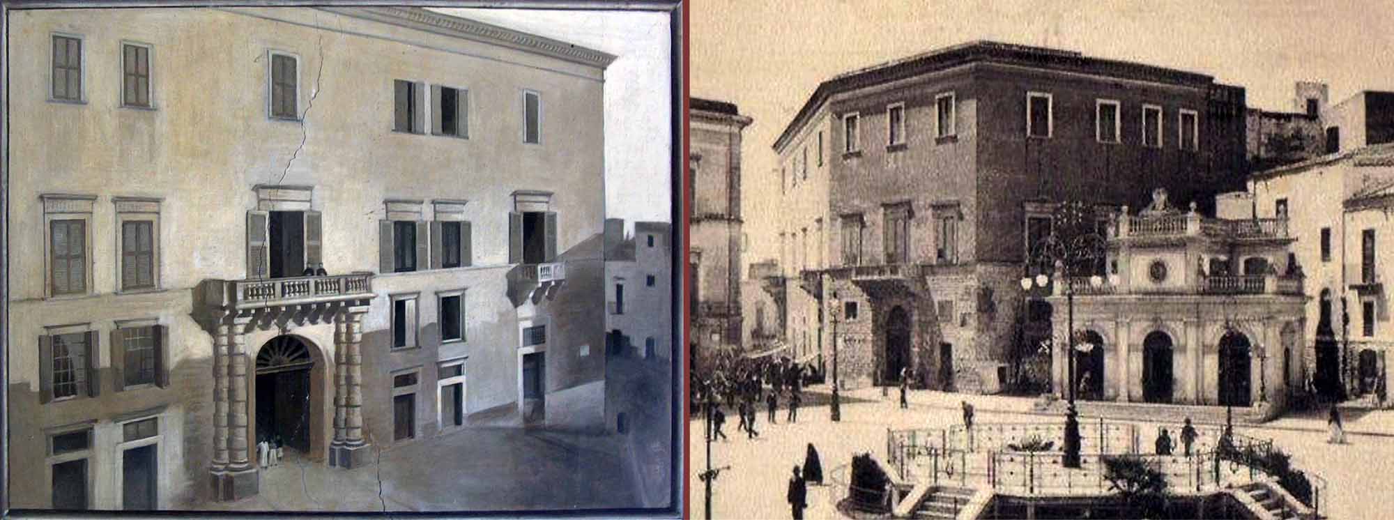 Palazzo Ducale a fine Ottocento: su largo La Corte in un dipinto, su largo Catuma in una foto