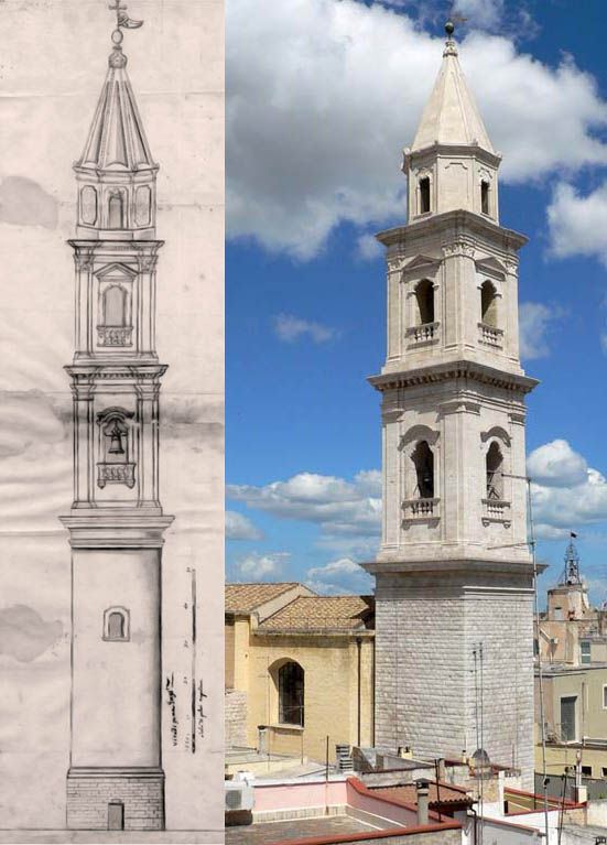 il campanile: disegno dello Ieva e foto del 2010