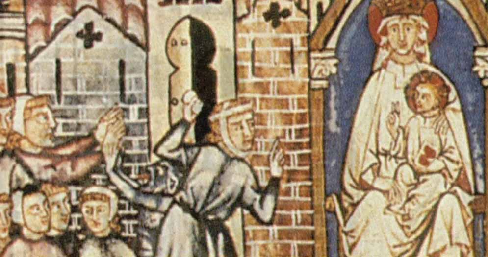 Una delle miniature della cantiga 136: la donna lancia la pietra contro la statua