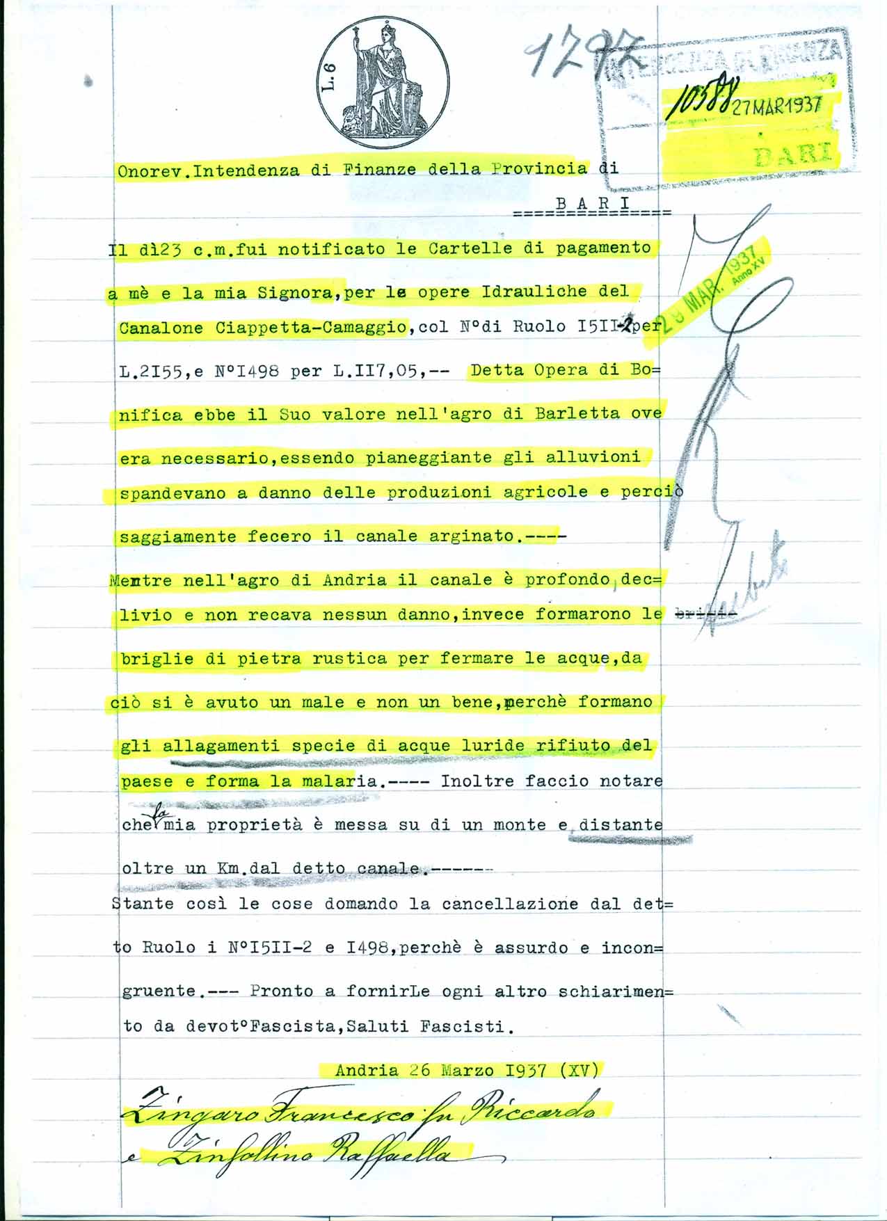 Doc. 86 - Documento dell’Archivio Storico del Comune di Andria del 27 marzo 1937.
