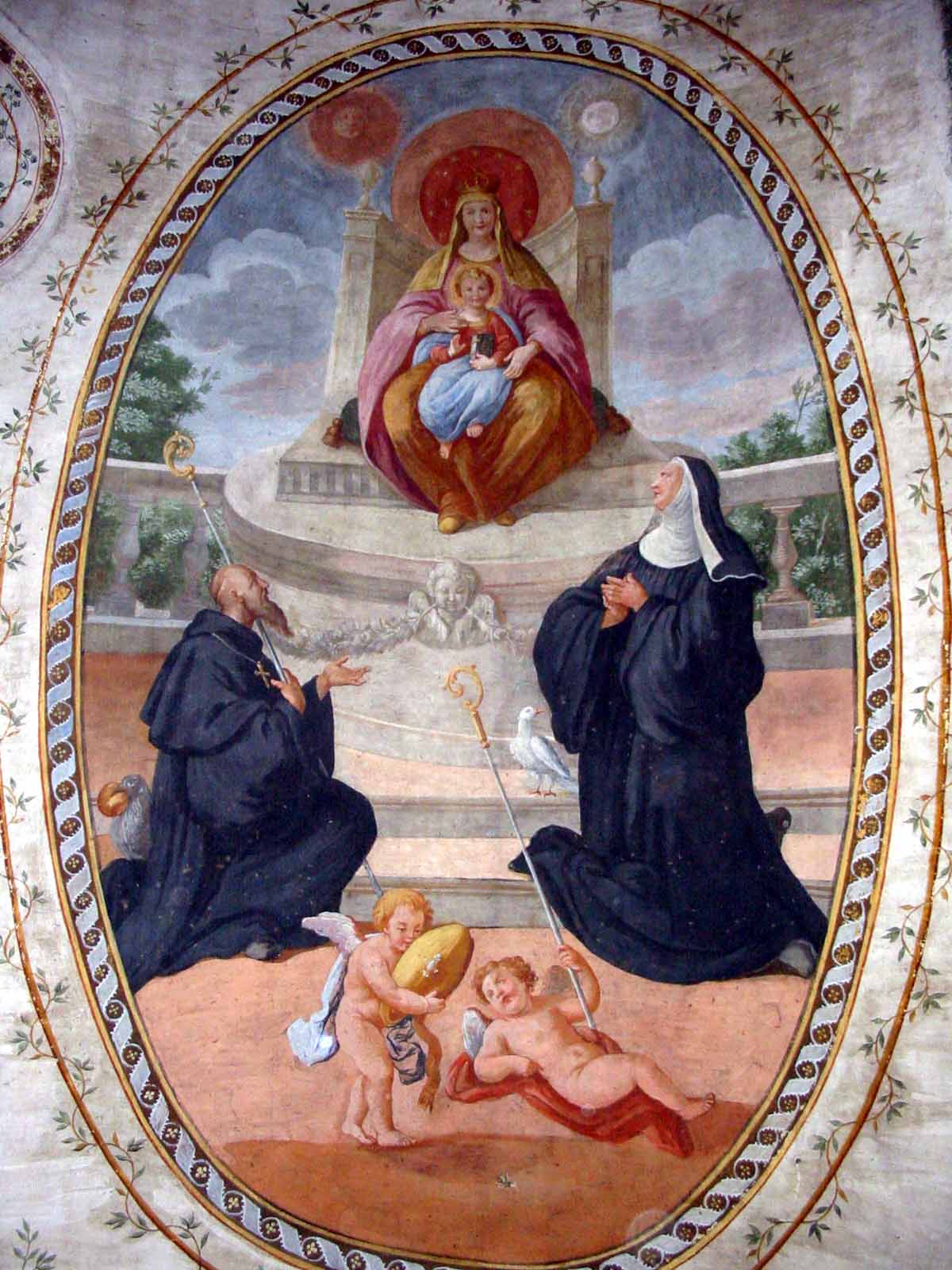 particolare della volta: la Madonna tra S. Benedetto e S. Scolastica