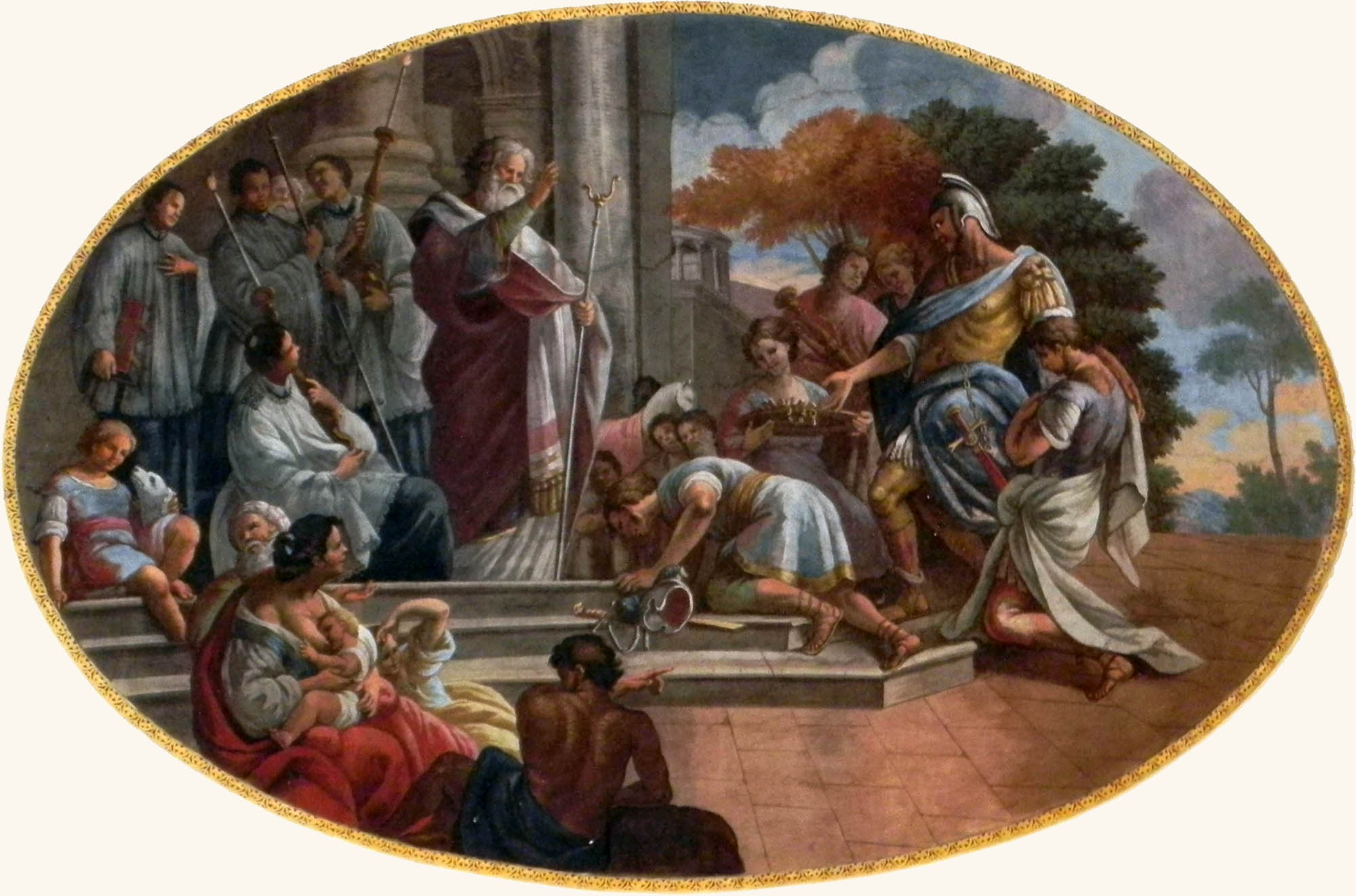 S. Nicola incontra e benedice gli stratelati (capi militari inviati da Costantino) che l'onorano con doni