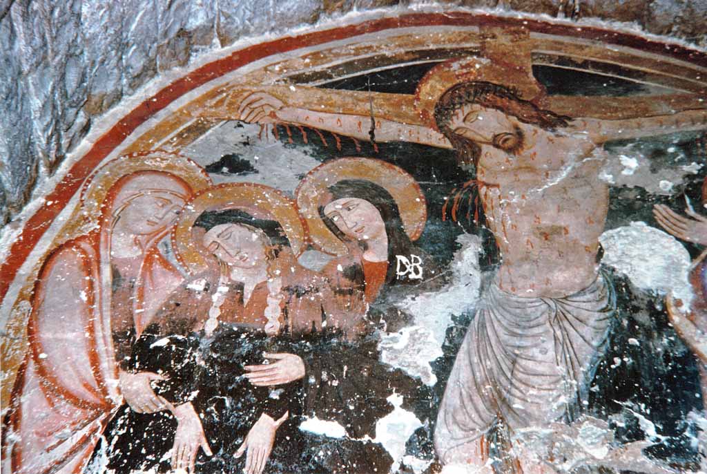 Addolorata tra le pie donne, particolare dell'affresco della Crocefissione, nel pronao della chiesa rupestre di Santa Croce - Andria